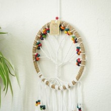 Hayat Ağacı Temalı Boncuklu Beyaz Tüylü Rüya Kapanı (Rüya Kovucu)