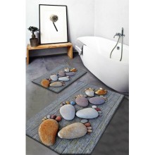 Gri Ayak Taşları Desenli Yıkanabilir Kaymaz Taban 2li Banyo Halısı Paspas Klozet Takımı