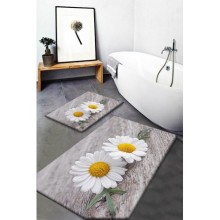 Gri Sarı Papatyalar Desenli Yıkanabilir Kaymaz Taban 2li Banyo Halısı Paspas Klozet Takımı