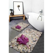 Mor Yapraklı Desenli Yıkanabilir Kaymaz Taban 2li Banyo Halısı Paspas Klozet Takımı