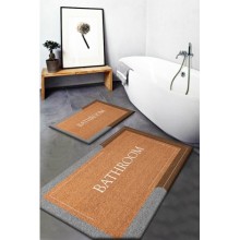Kahve Bath Yazılı Yıkanabilir Kaymaz Taban 2 Li Banyo Paspası Klozet Takımı Halısı